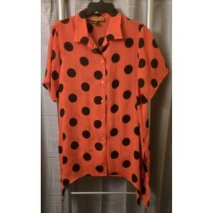 Ashley Stewart Blouse Red W/Black Polka Dots Button Up Size 14/16